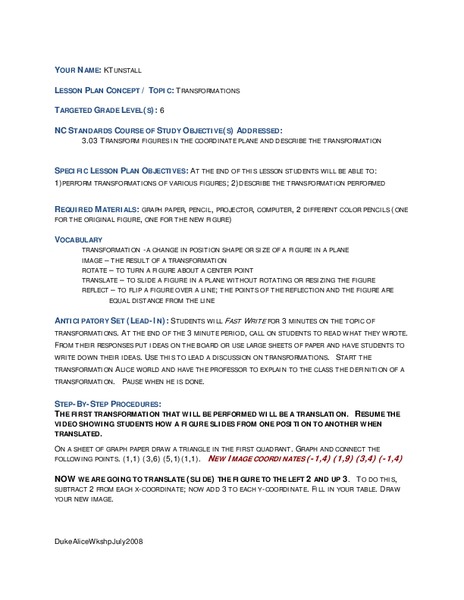 Transformations Lesson Plan