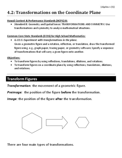 Transformations on the Coordinate Plane Worksheet