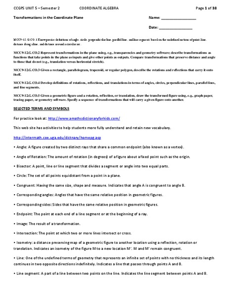 Transformations in the Coordinate Plane Unit Plan