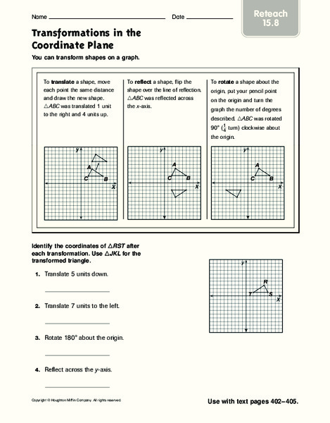 Transformations in the Coordinate Plane: Reteach Worksheet