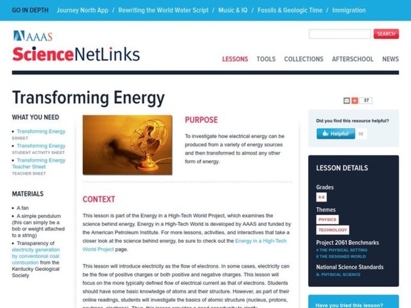Transforming Energy Lesson Plan