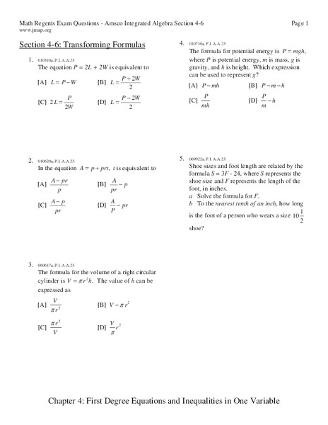 Transforming Formulas Worksheet