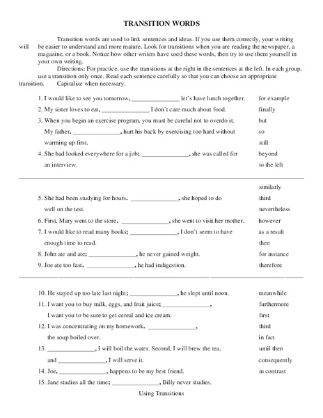 Transition Words Worksheet