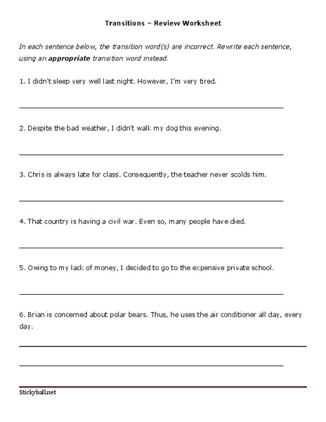 Transitions – Review Worksheet Worksheet