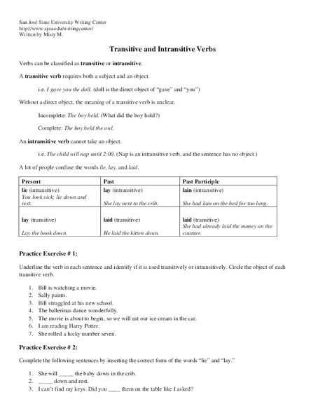 Transitive and Intransitive Verbs Handout
