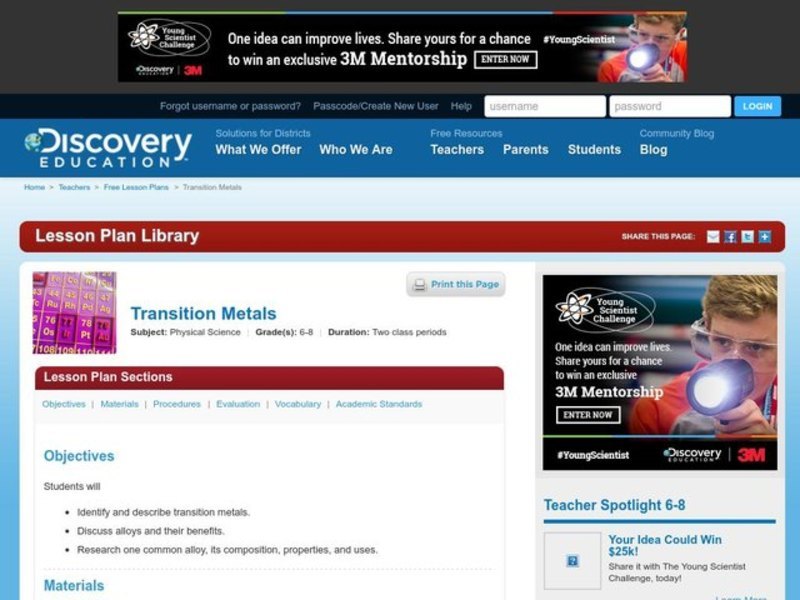 Transition Metals Lesson Plan