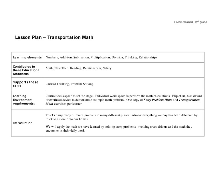 Transportation Math Lesson Plan