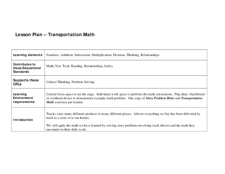 Transportation Math Lesson Plan
