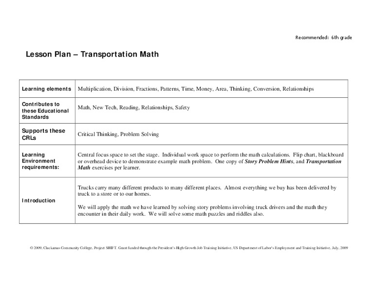 Transportation Math Lesson Plan