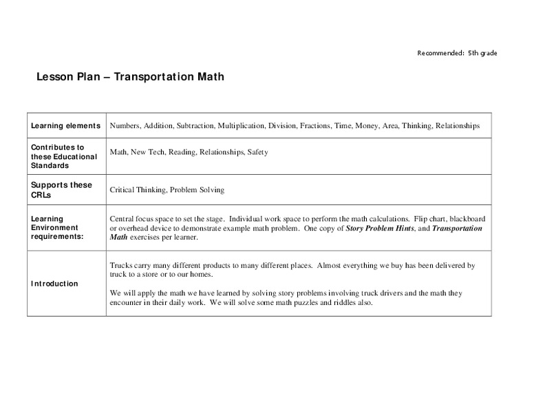Transportation Math Lesson Plan