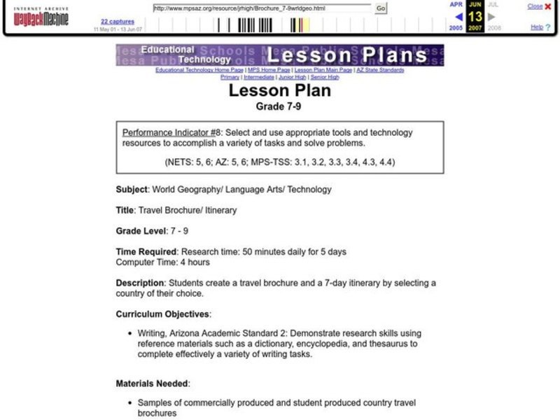 Travel Brochure/ Itinerary Lesson Plan