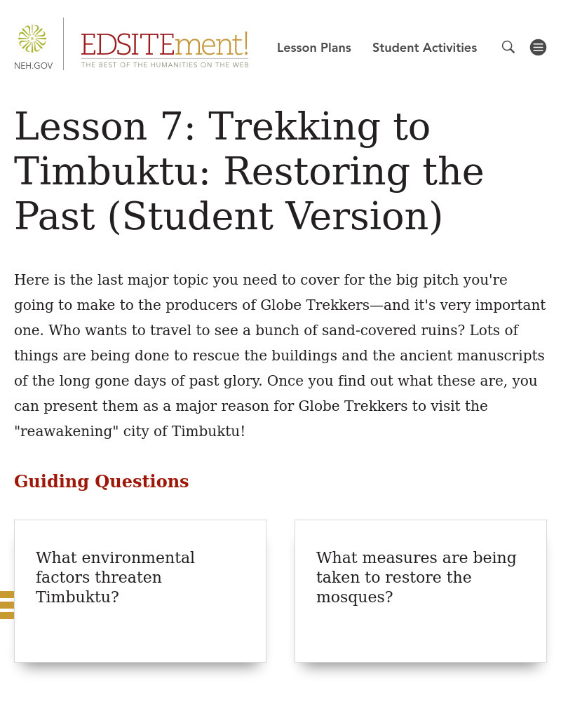 Trekking to Timbuktu: Restoring the Past Lesson Plan