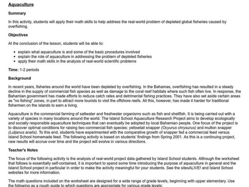 Aquaculture Lesson Plan