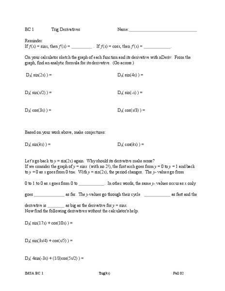 Trig Derivatives Lesson Plan