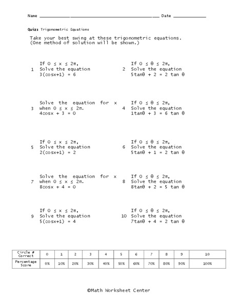 Trigonometric Equations Worksheet
