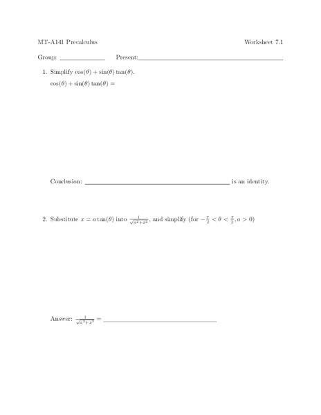 Trigonometric Functions Worksheet