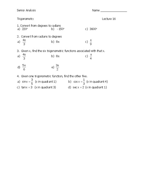 Trigonometric Functions Worksheet