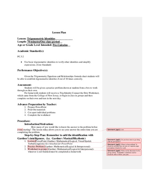 Trigonometric Identities Lesson Plan