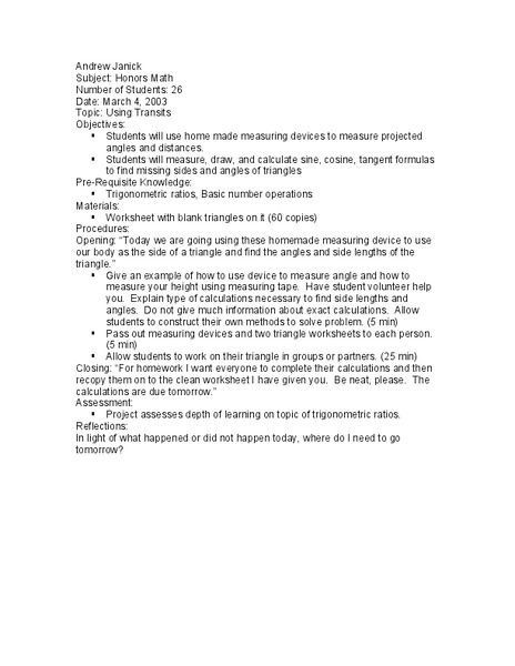 Trigonometric Ratios Lesson Plan