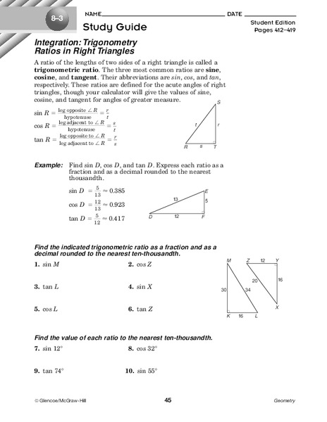 Trigonometry Ratios in Right Triangles Worksheet
