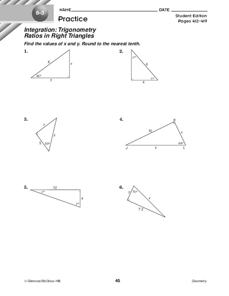 Trigonometry Ratios in Right Triangles Worksheet