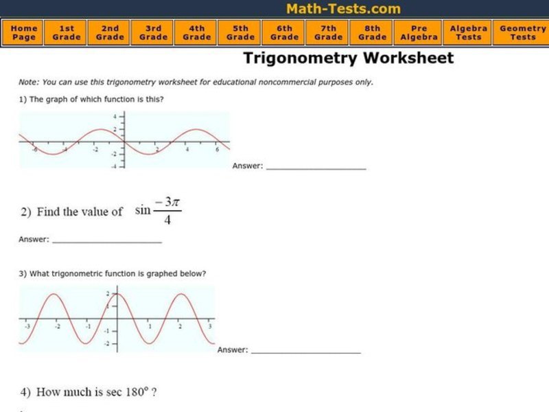 Trigonometry Worksheet Worksheet
