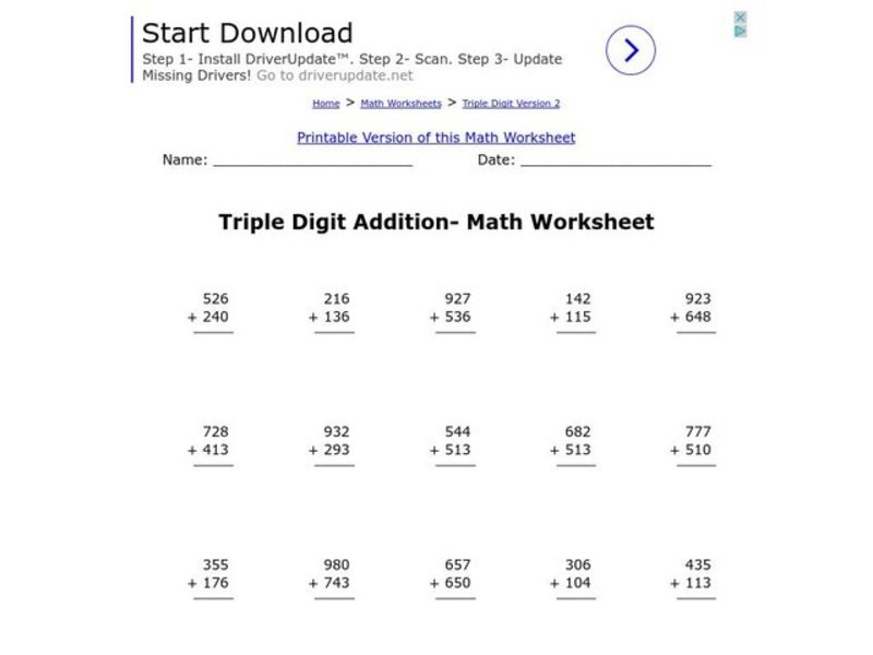 Triple Digit Addition Worksheet