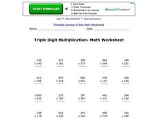 Triple Digit Multiplication- Math Worksheet Worksheet