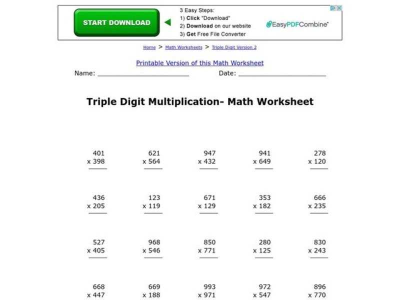 Triple Digit Multiplication- Math Worksheet Worksheet