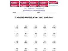 Triple Digit Multiplication- Math Worksheet Worksheet