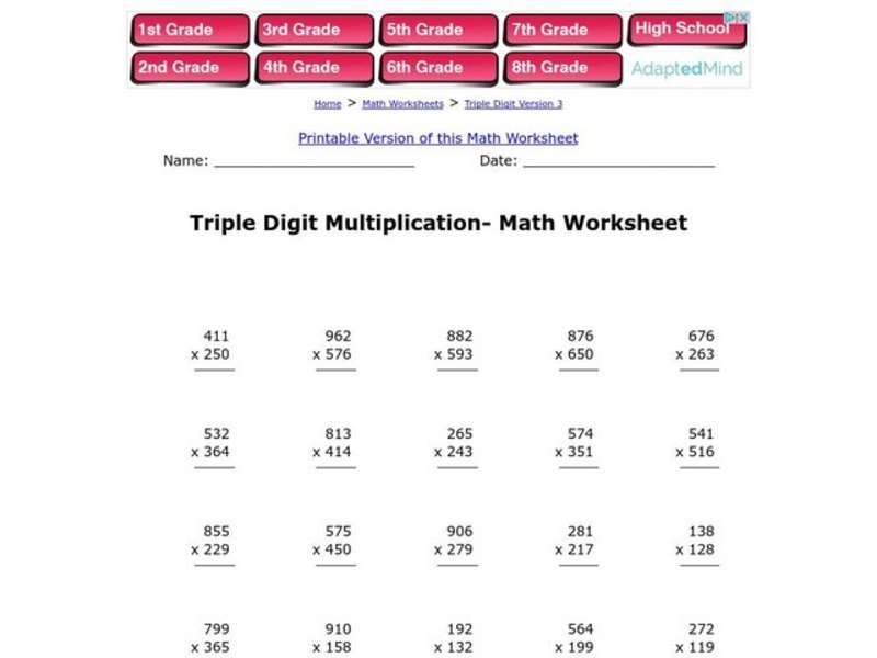 Triple Digit Multiplication- Math Worksheet Worksheet