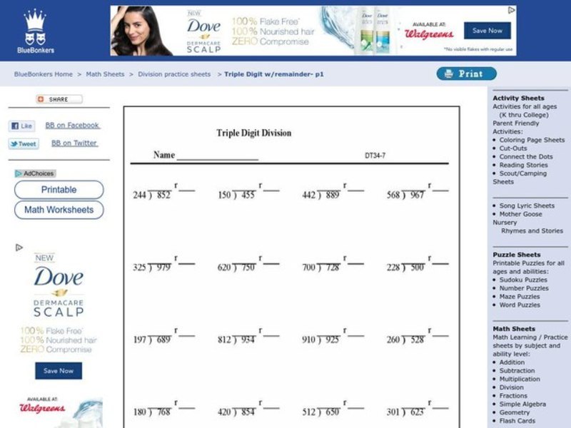 Triple Digit Division Worksheet