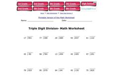 Triple Digit Division--Math Worksheet Worksheet