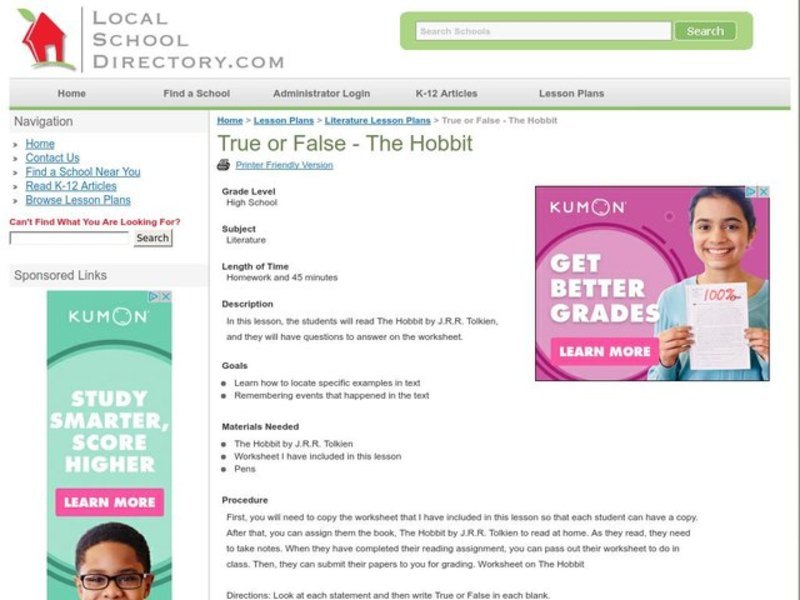 True or False - The Hobbit Lesson Plan