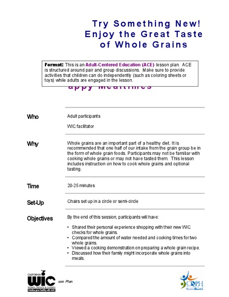 Try Something New! Enjoy the Great Taste of Whole Grains Lesson Plan