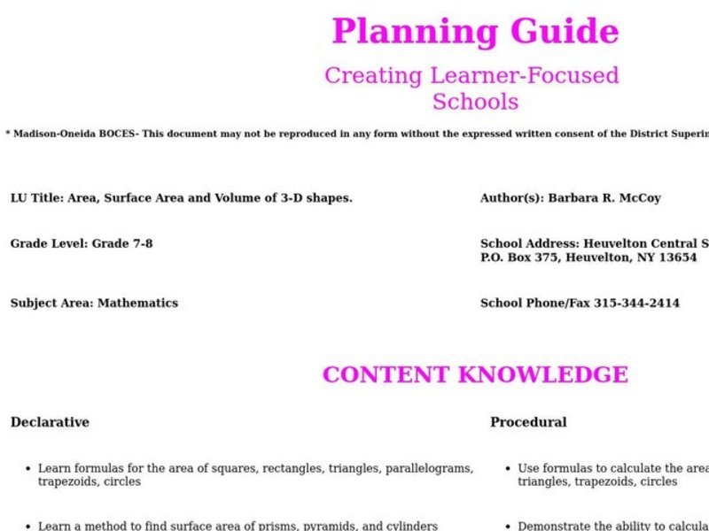 Area, Surface Area and Volume of 3-D Shapes Lesson Plan