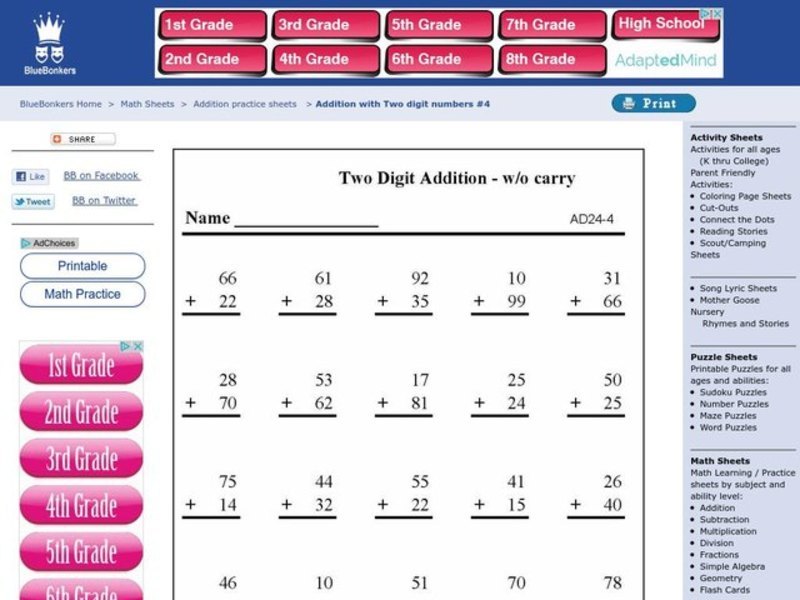Two Digit Addition Worksheet