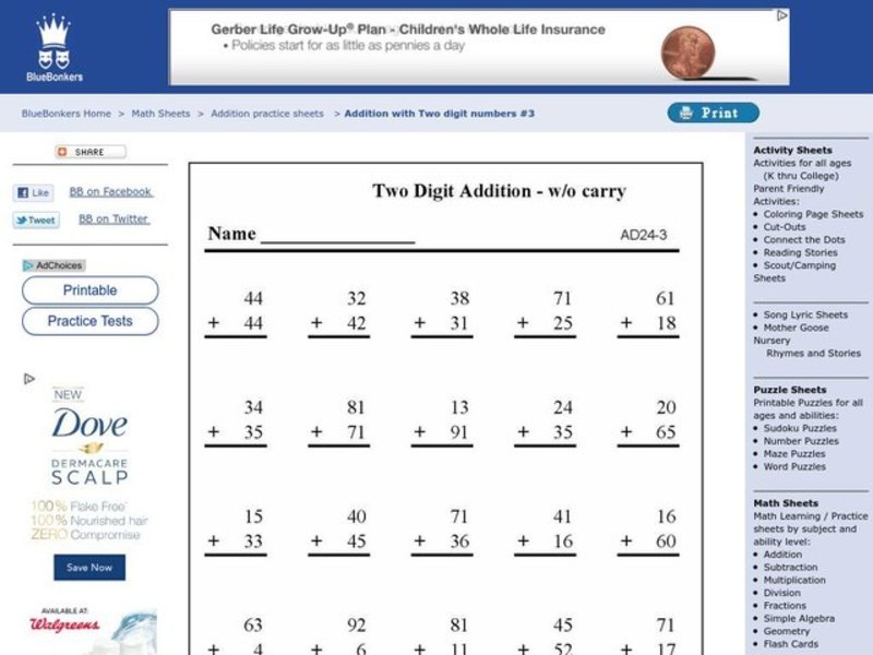 Two Digit Addition Worksheet