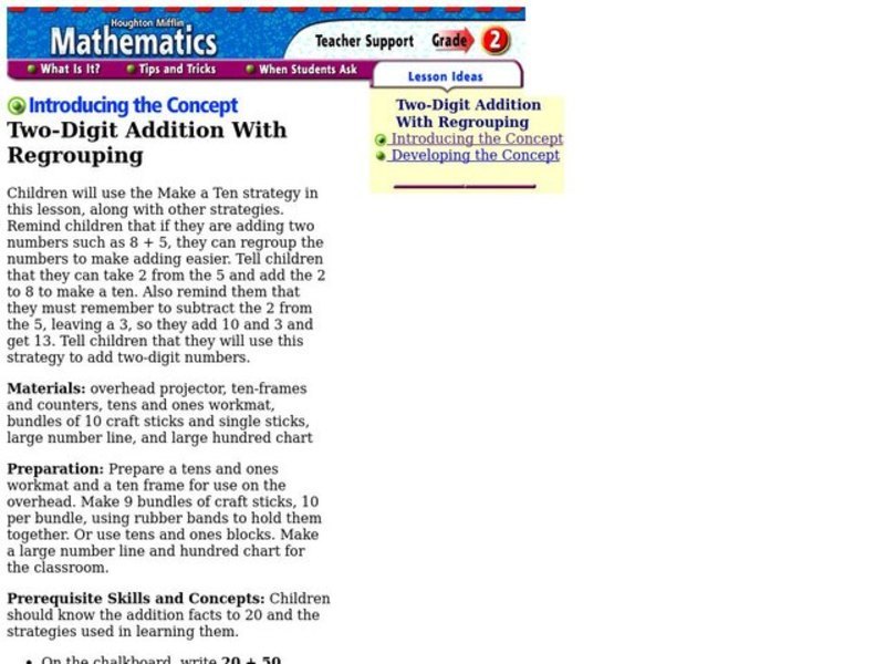 Two Digit Addition with Regrouping Lesson Plan