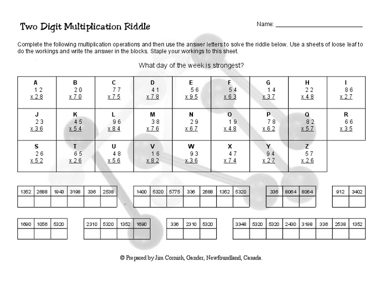 Two Digit Multiplication Riddle Lesson Plan