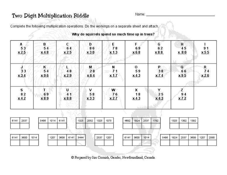 Two Digit Multiplication Riddle Worksheet