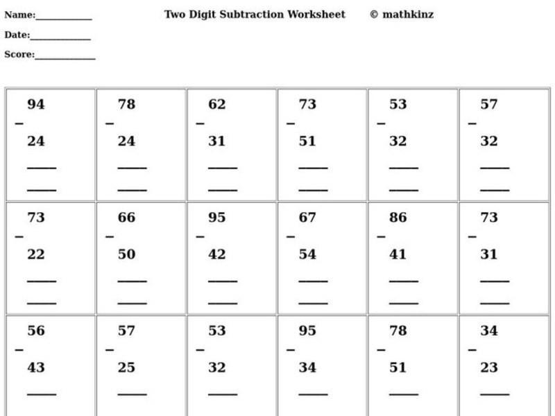 Two Digit Subtraction Worksheet
