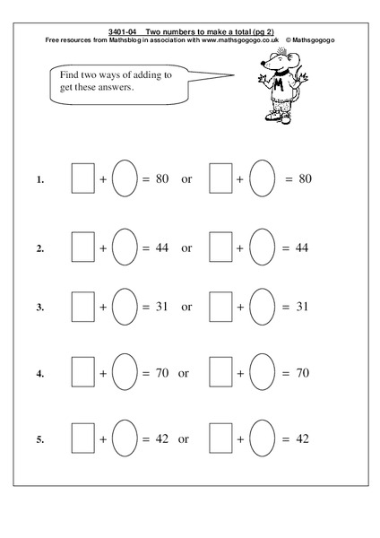 Two Numbers to Make a Total Worksheet