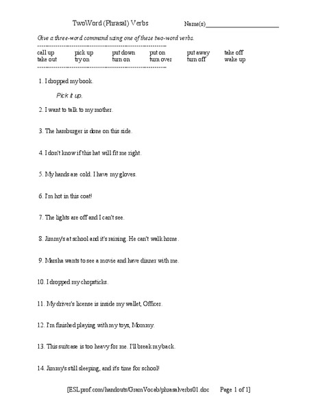 Two Word Verbs Worksheet