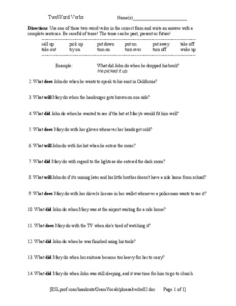 Two Word Verbs Worksheet