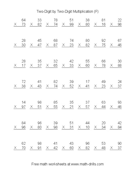 Two-Digit by Two-Digit Multiplication (F) Worksheet