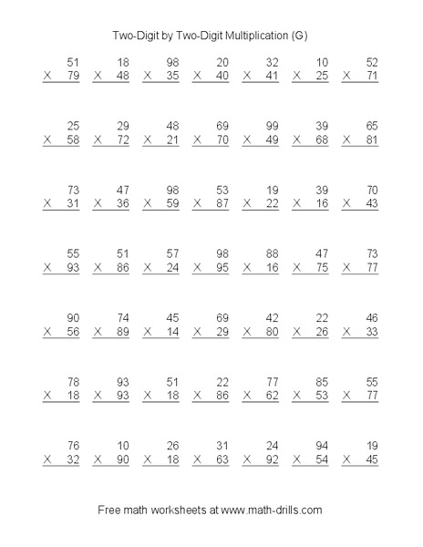 Two-Digit by Two-Digit Multiplication (G) Worksheet
