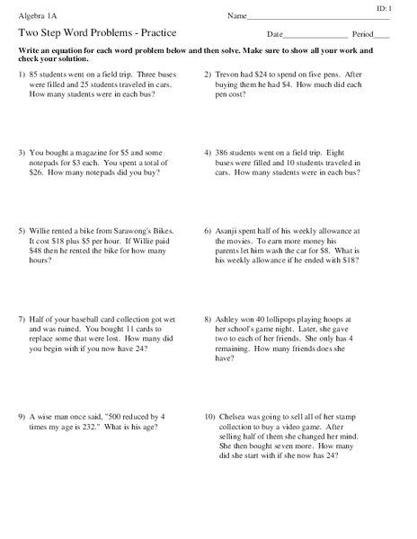 Two-Step Word Problems Worksheet