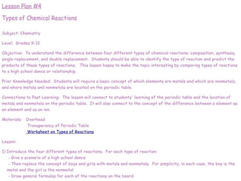 Types of Chemical Reactions Lesson Plan