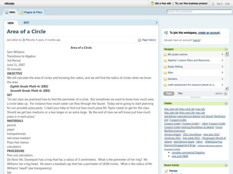 Area Of A Circle Lesson Plan